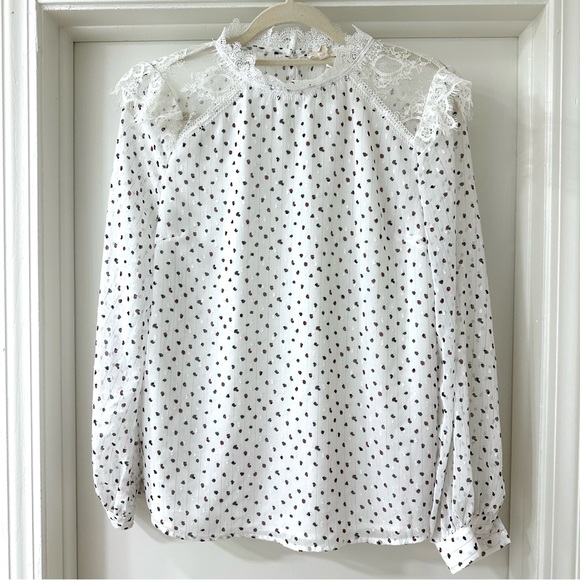 Promesa Tops - Promesa White Lace Victorian Style Blouse w/ Black & Red Polka Dots, Size Medium
